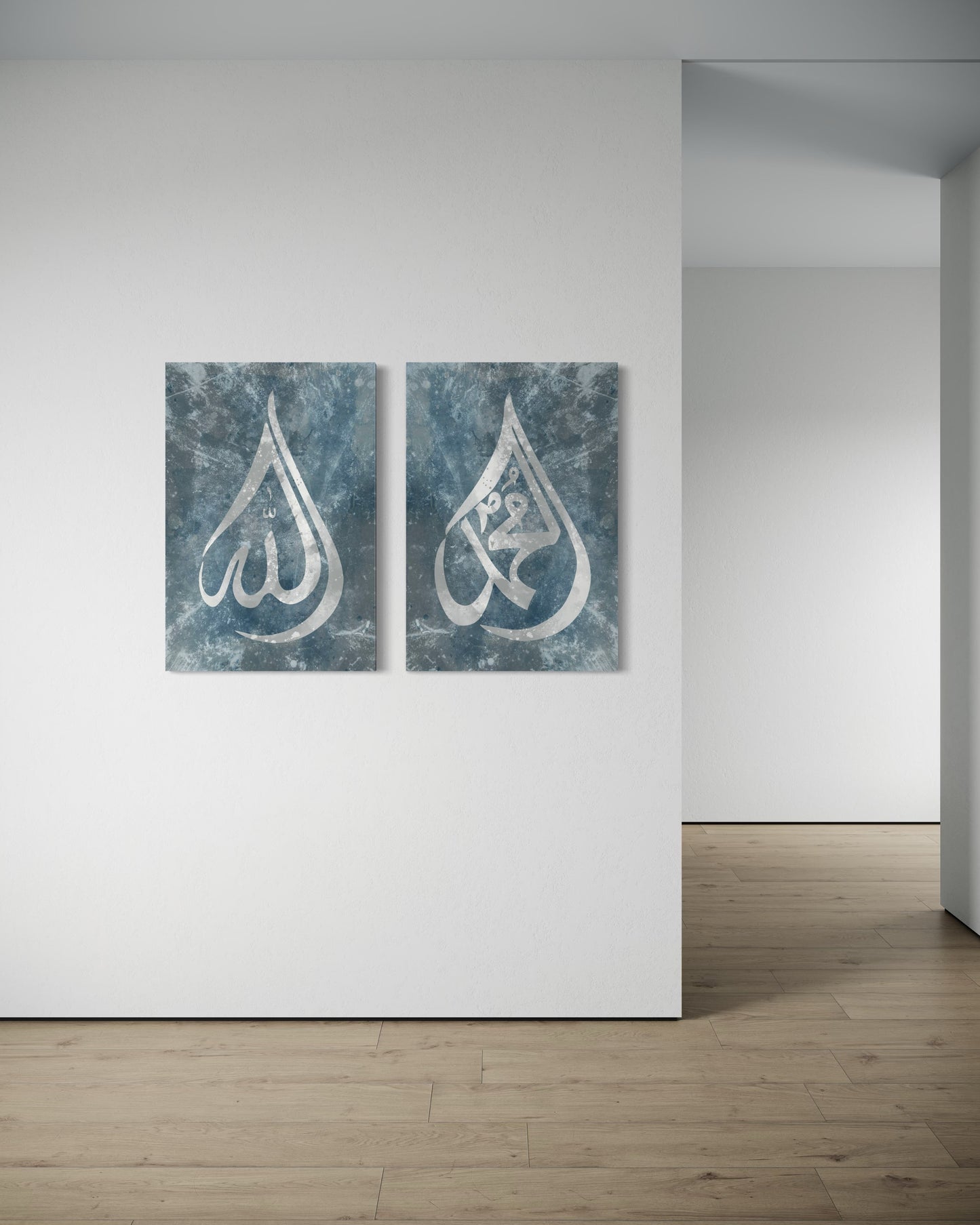 Allah & Muhammad Calligraphy - Abstract Blue Canvas