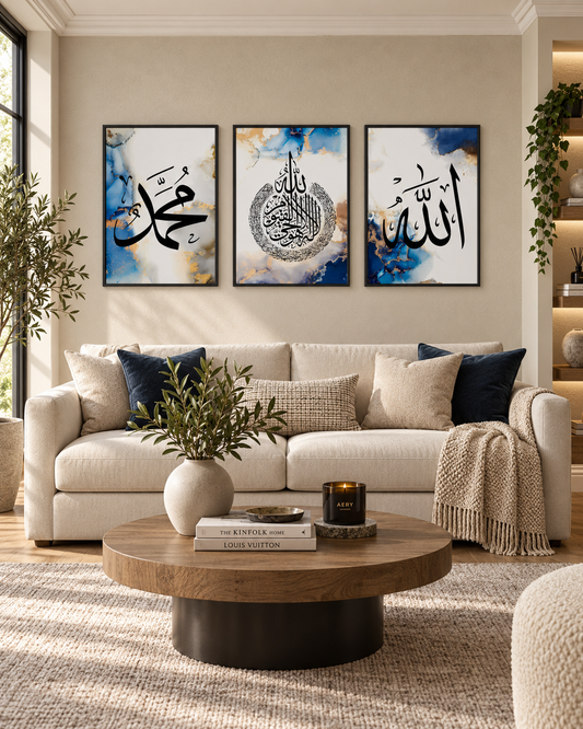 Blue triptych with Throne Verse calligraphy – Elnouré Islamic wall art