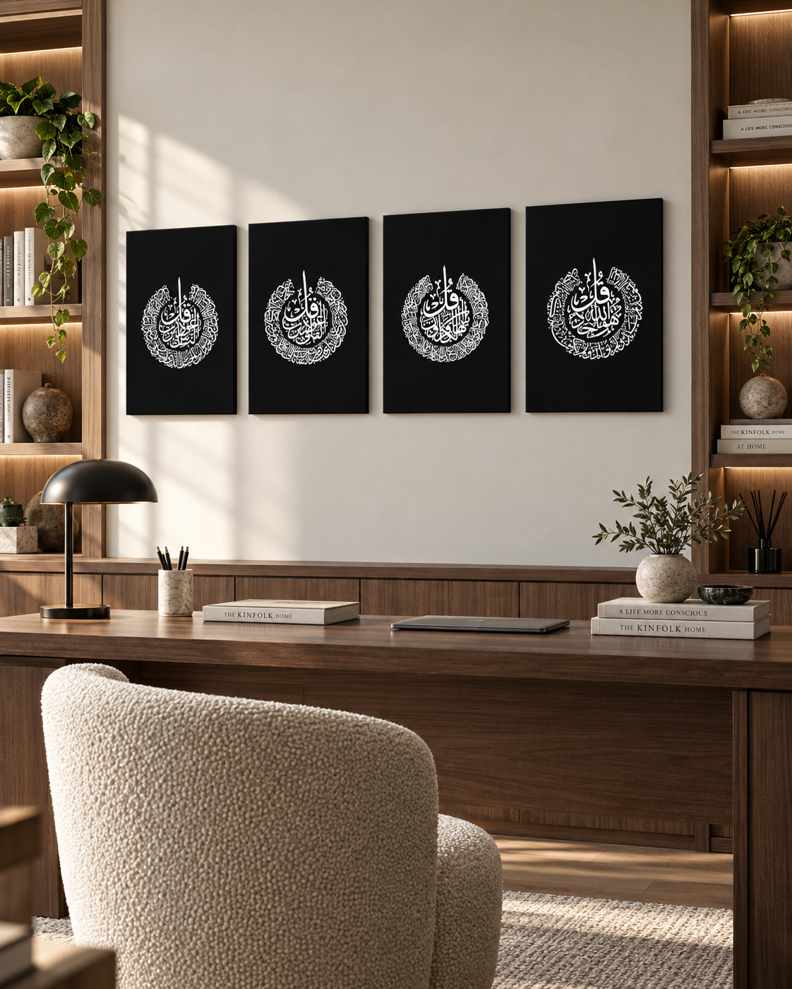 Four matching Quls calligraphy panels on canvas, view 3