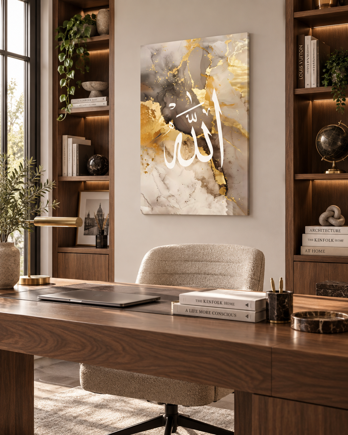 Allah- Golden Marble Calligraphy Canvas