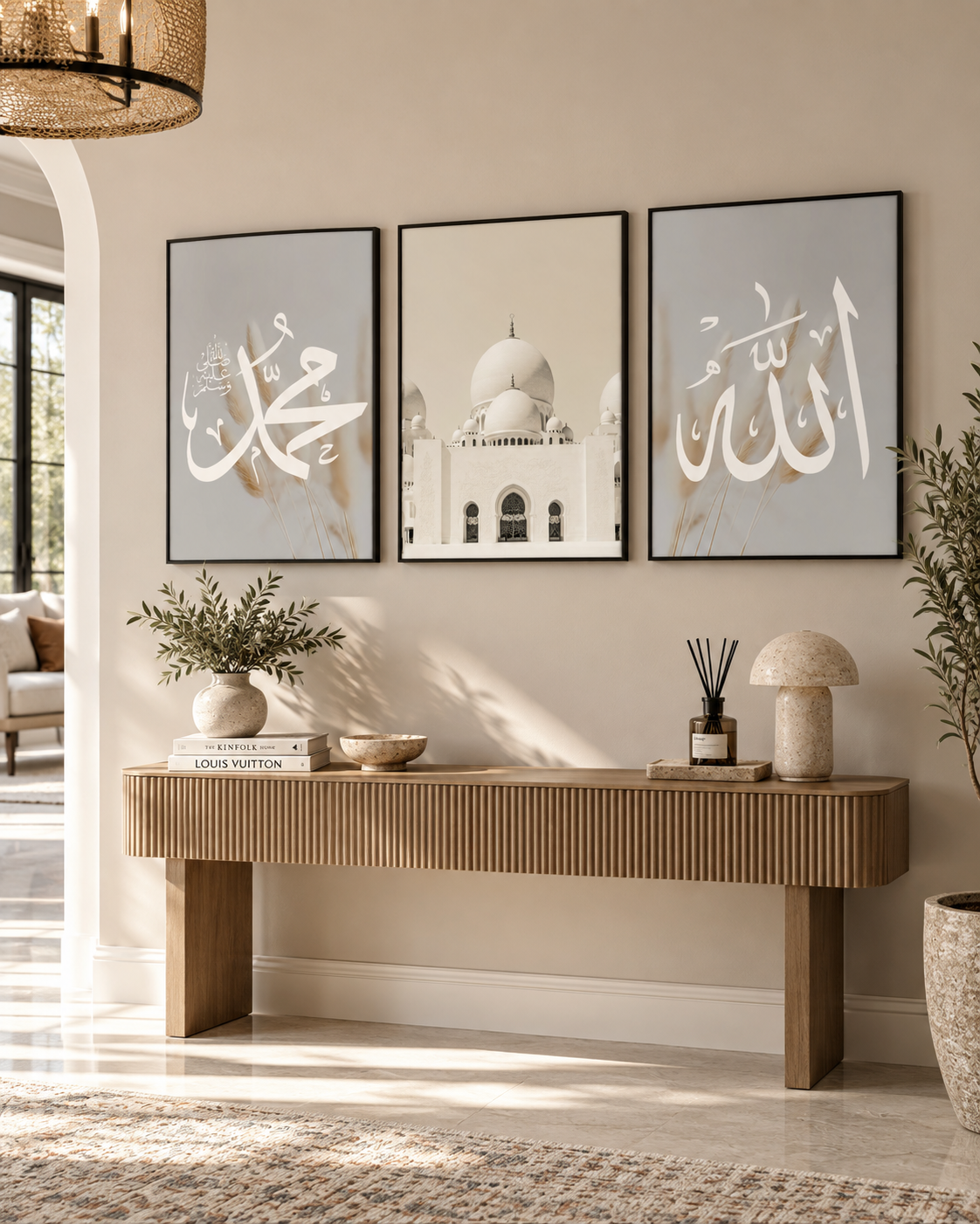Allah and Muhammad panels with mosque centre, view 4