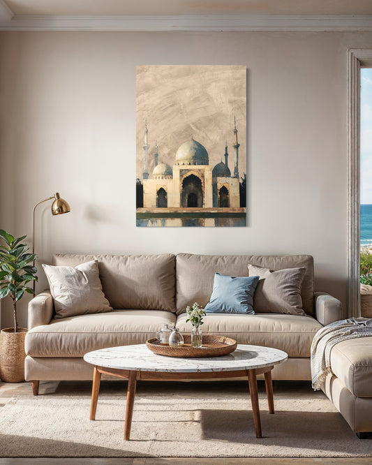 Warm earth-tone mosque with domes and minarets – Elnouré Islamic wall art