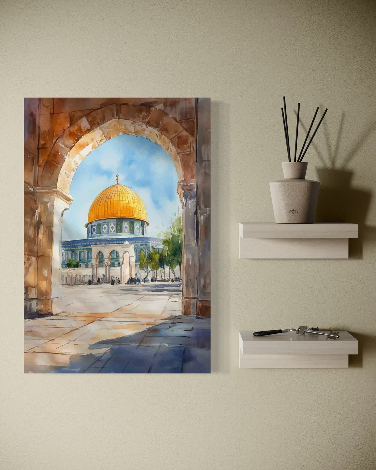 Watercolour Masjid Al-Aqsa and Dome of the Rock, view 5