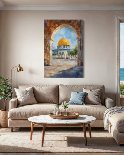 Watercolour Masjid Al-Aqsa and Dome of the Rock, view 2