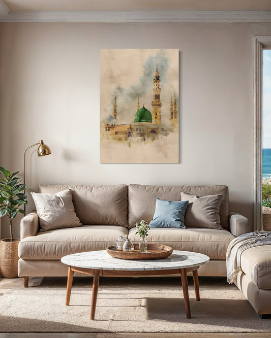Soft watercolor of the Prophet's Mosque – Elnouré Islamic wall art