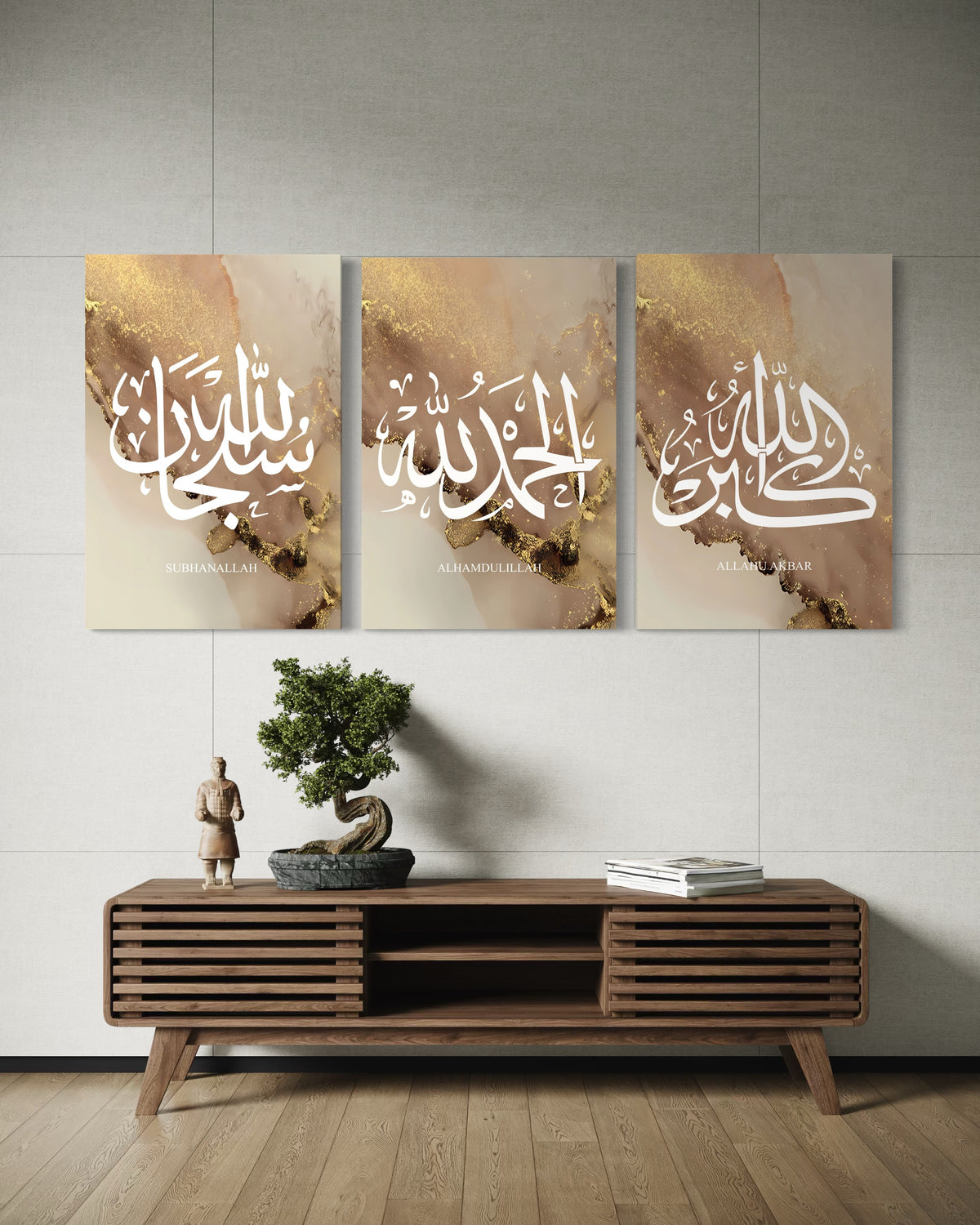 Gold tasbih phrases on three canvases, view 5