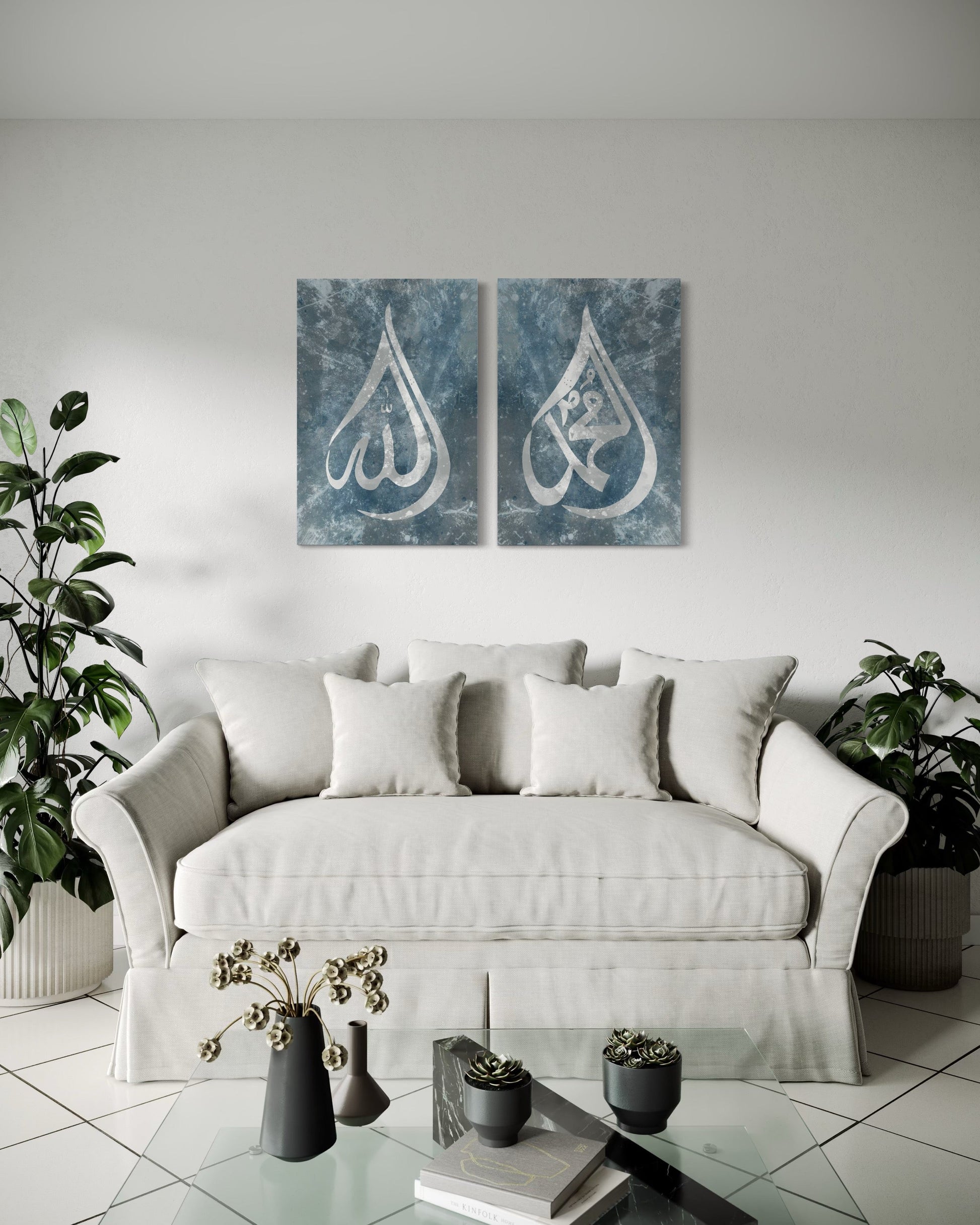 Allah & Muhammad Calligraphy - Abstract Blue Canvas 